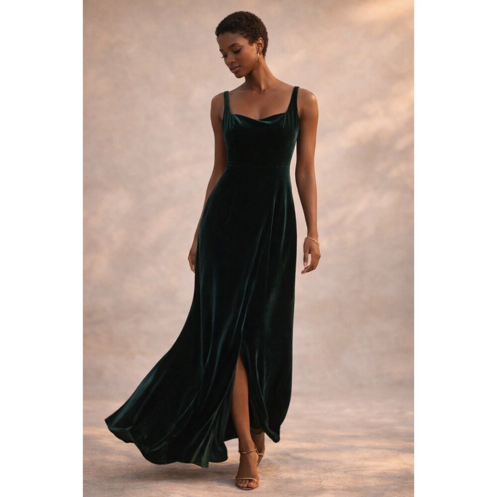 Jenny Yoo Green Velvet Maxi Dress Formal Wedding Guest Slip Dress Size 4